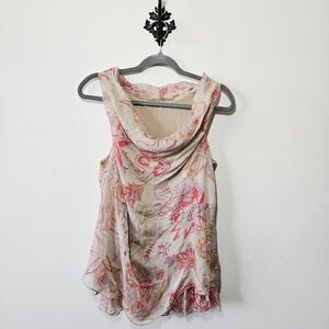 Cosmo 100% Silk Floral Blouse Size L Cowl Neck Made In Italy